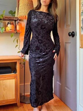 Romantic whimsygoth dark fairycore burnout velvet open back maxi dress